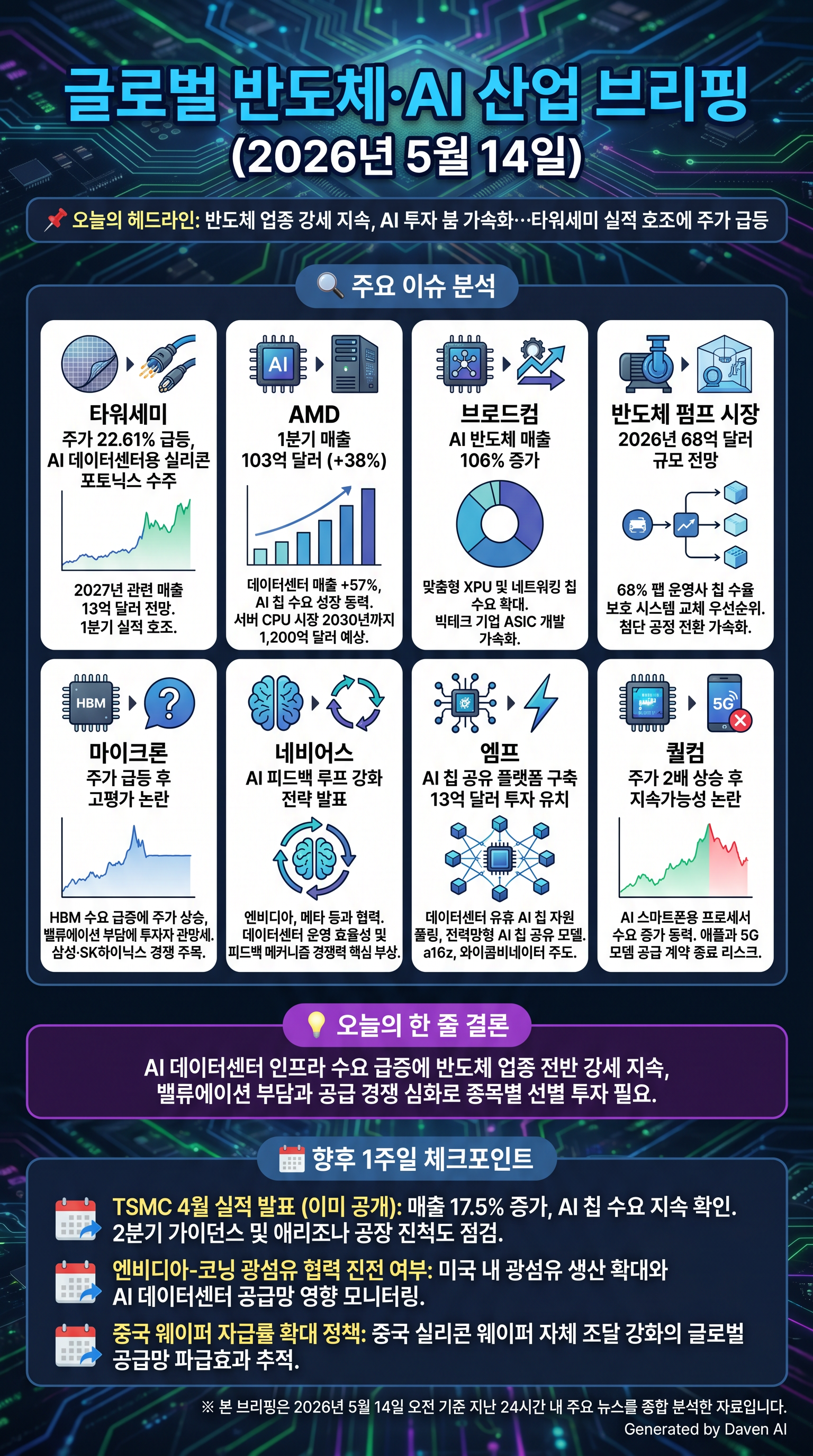 # 글로벌 반도체·AI 산업 브리핑 (2026년 5월 14일)

## 📌 오늘의 헤드라인  
반도체 업종 강세 지속, AI 투자 붐 가속화…타워세미 실적 호조에 주가 급등

---

## 🔍 주요 이슈 분석

### 1. 타워세미, AI 데이터센터용 실리콘 포토닉스 수주로 주가 22.61% 급등  
2027년 관련 매출 13억 달러 전망, AI 인프라 수요 급증 반영. 1분기 실적 호조, 광통신 기술 중요성 부각.

### 2. AMD, 1분기 매출 1